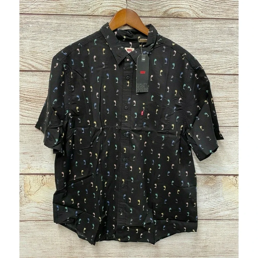 Levi's Shirt Mens Medium Black Tropical Palm Tree Standard Fit Button Down New